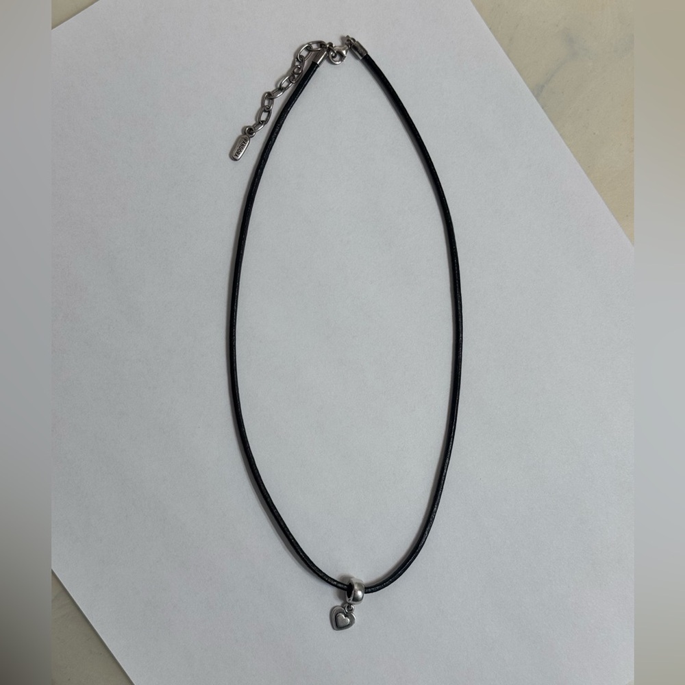 PANDORA Leather Sterling Silver Necklace With Heart Charm